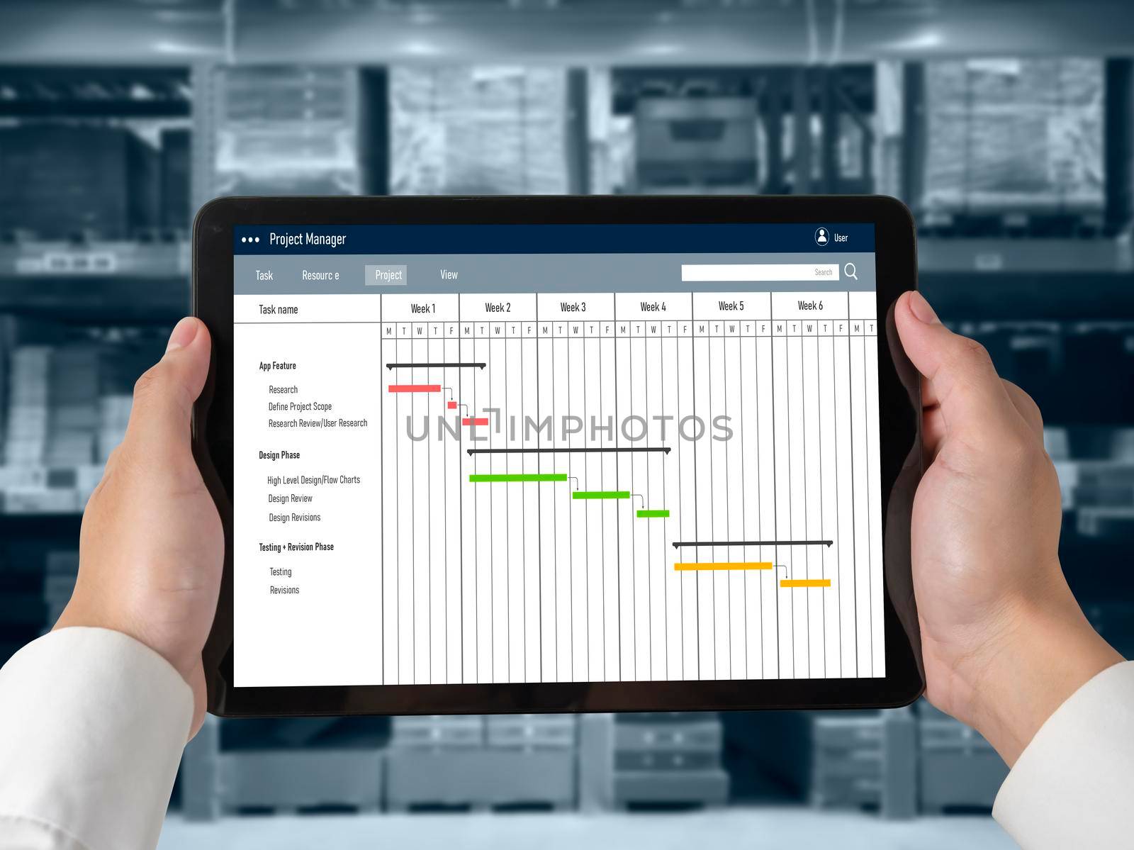 Project planning software for modish business project management on the computer screen showing timeline chart of the team project