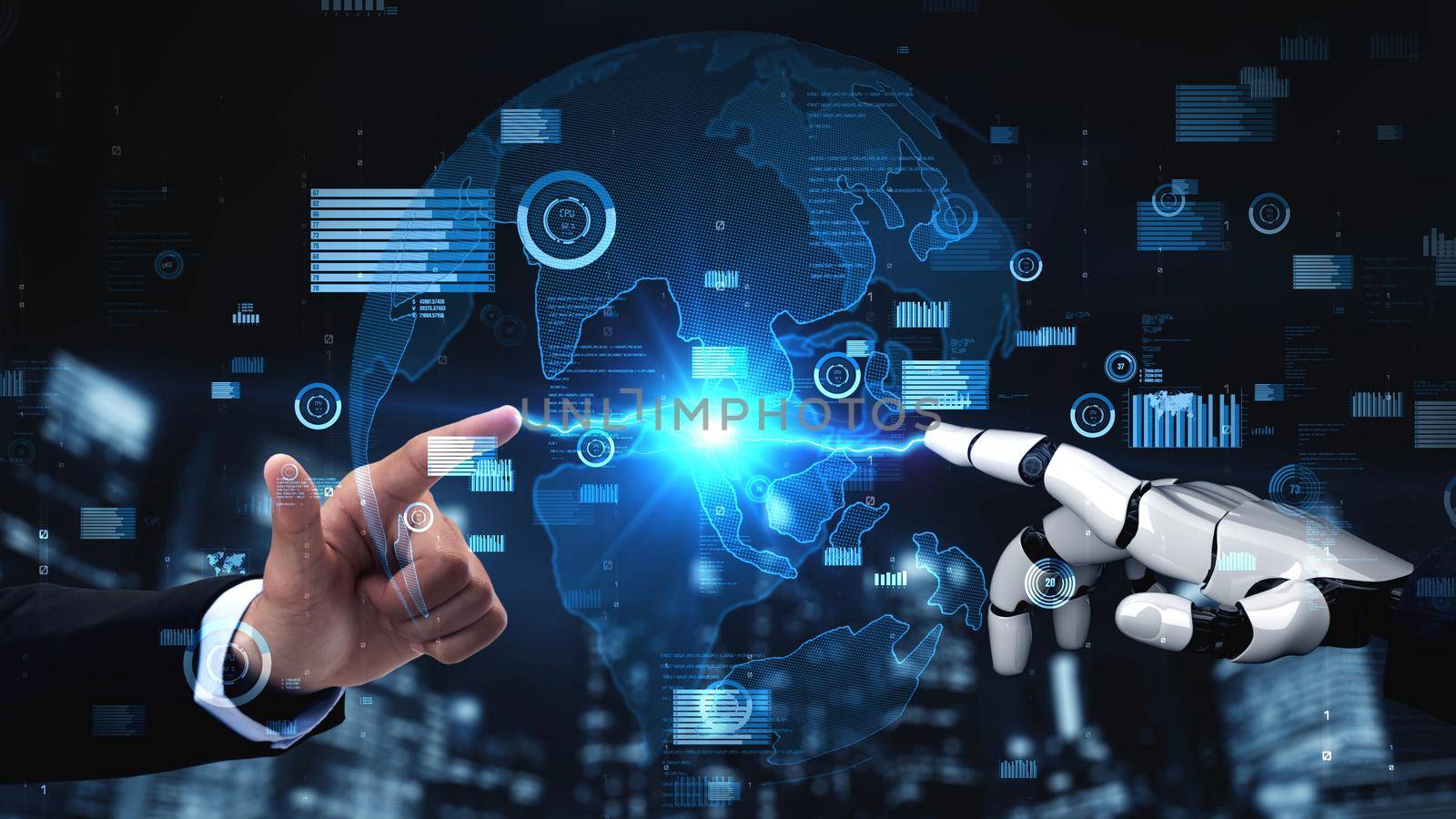 Futuristic robot artificial intelligence enlightening AI technology development and machine learning concept. Global robotic bionic science research for future of human life. 3D rendering graphic.