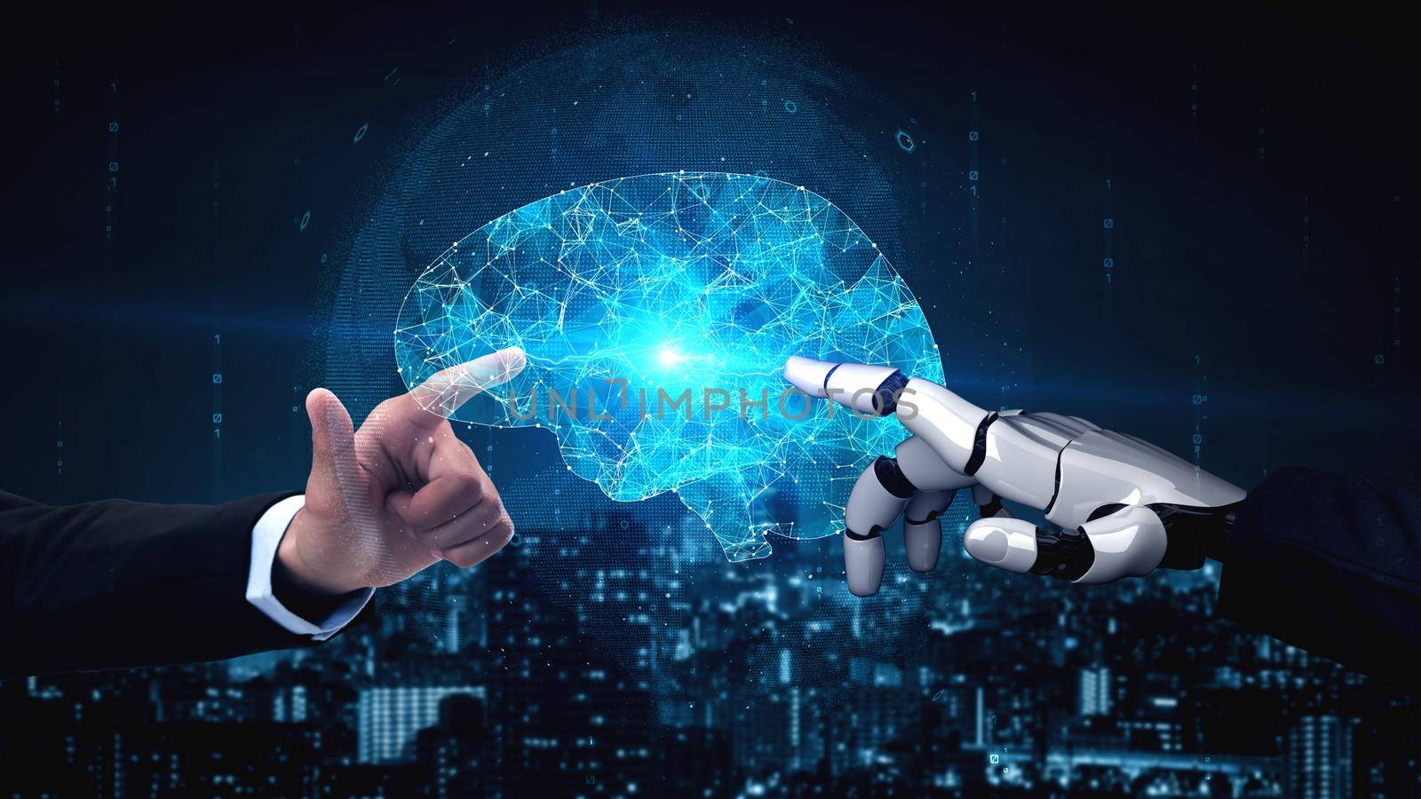 Futuristic robot artificial intelligence enlightening AI technology development and machine learning concept. Global robotic bionic science research for future of human life. 3D rendering graphic.