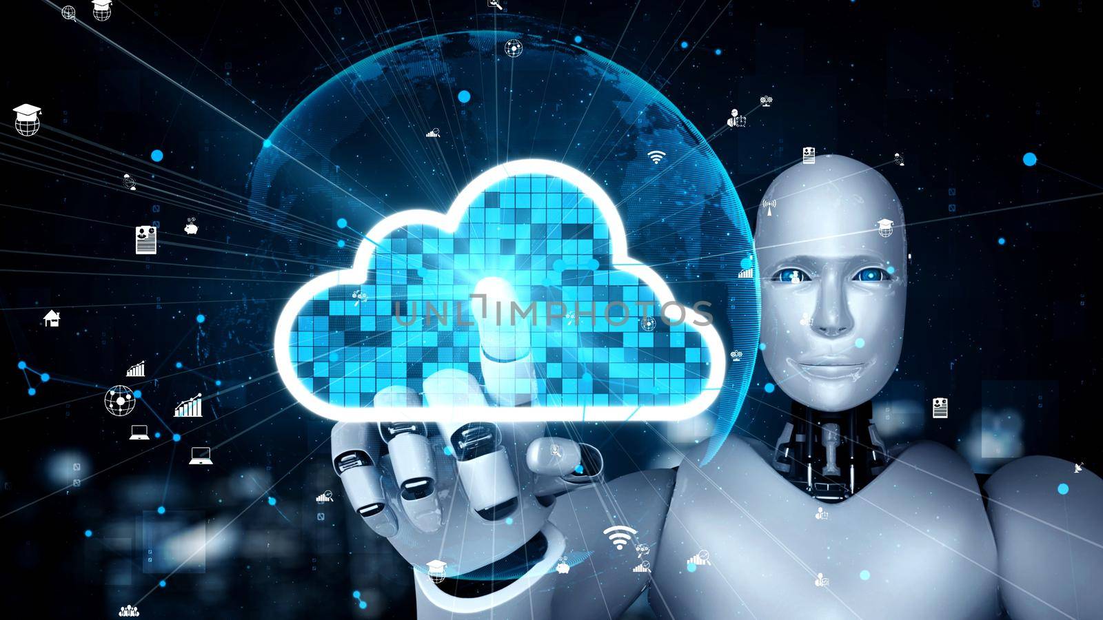 Futuristic robot artificial intelligence enlightening AI technology development and machine learning concept. Global robotic bionic science research for future of human life. 3D rendering graphic.