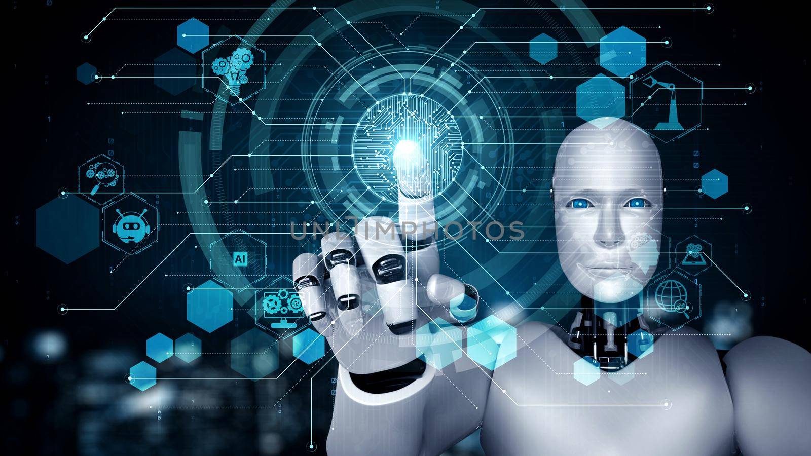 Futuristic robot artificial intelligence enlightening AI technology development and machine learning concept. Global robotic bionic science research for future of human life. 3D rendering graphic.