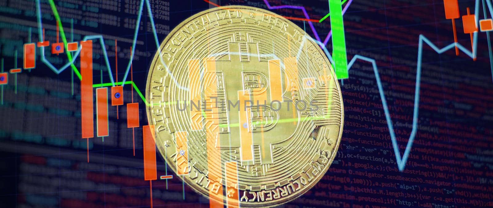 Bitcoin gold coin and defocused chart background. Virtual cryptocurrency concept. Stock Market chart. Bitcoin Investment Business Internet Technology