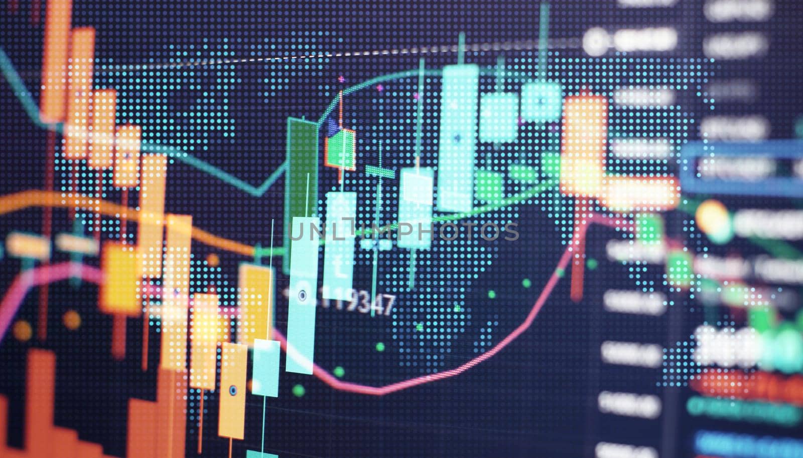 Abstract graphic consisting of blured points , graph and chart . Information concept . Business , technology background .