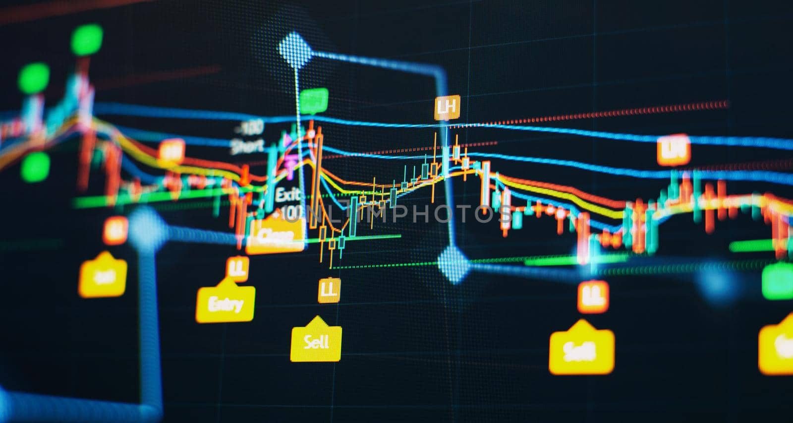 Bar graphs, Diagrams, financial figures. Abstract glowing forex chart interface wallpaper. Investment, trade, stock, finance