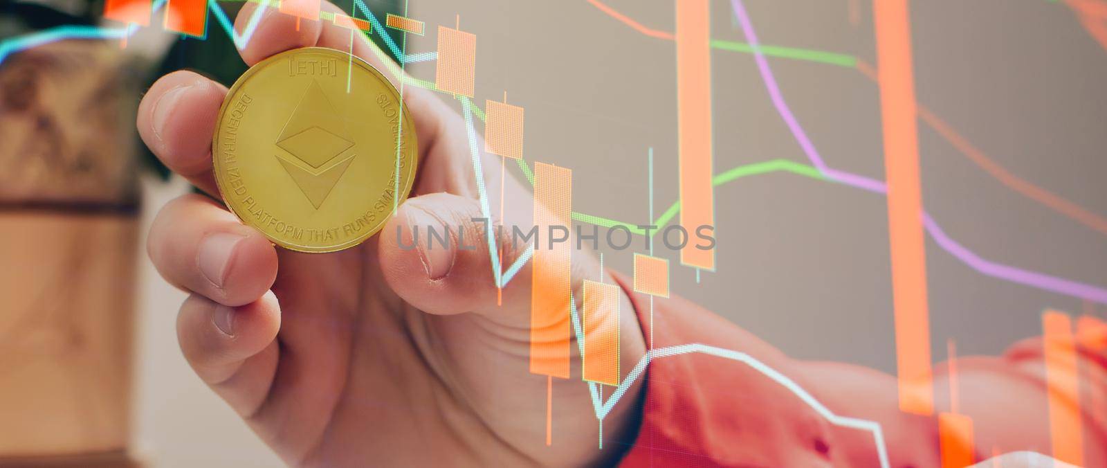 Bitcoins with Candle stick graph chart and digital background. Mining or block chain technology. by Maximusnd