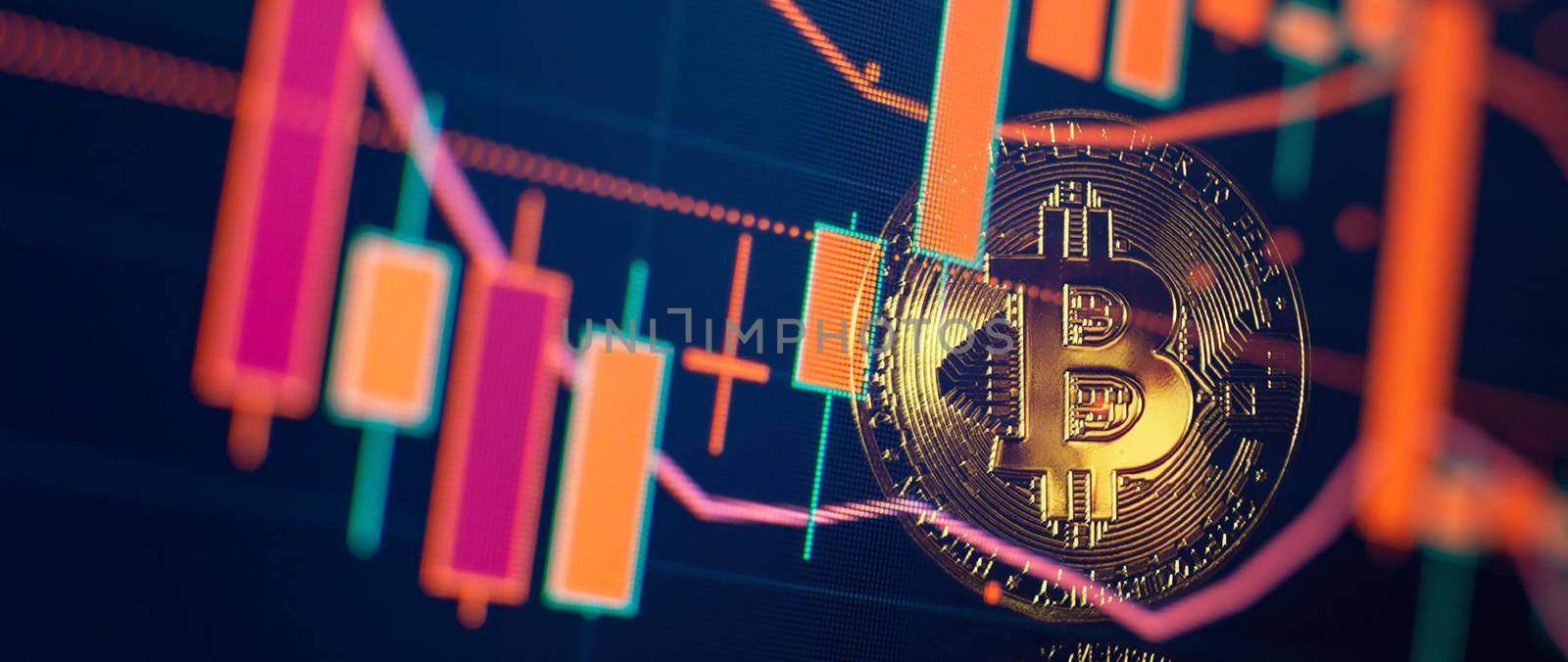 Bitcoin price crash in front of a red abstract virtual background. Stock Market Concept, digital money and stock business. by Maximusnd