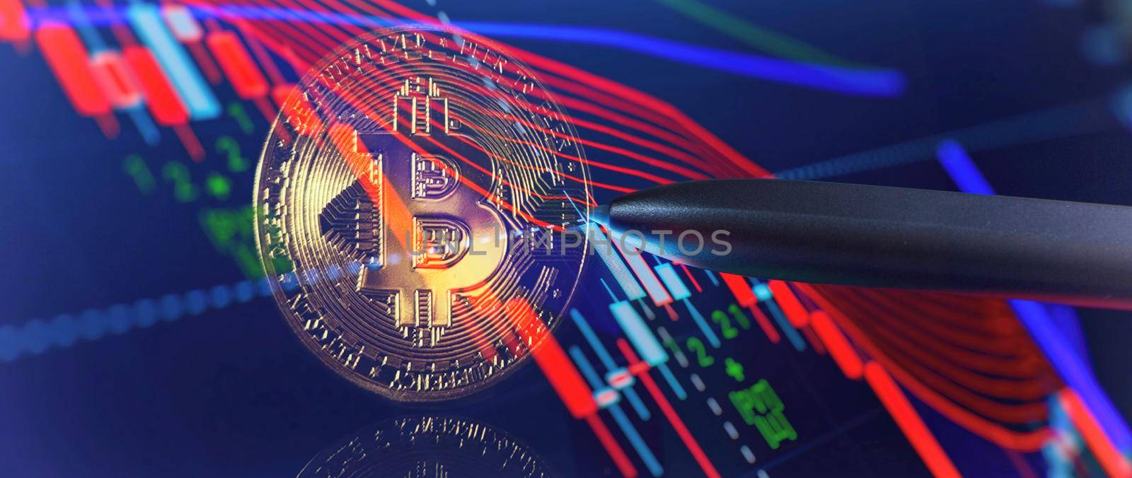 Bitcoin price crash in front of a red abstract virtual background. Stock Market Concept, digital money and stock business. by Maximusnd