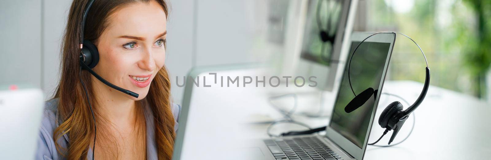 Business people wearing headset working in office in widen view to support remote customer or colleague. Call center, telemarketing, customer support agent provide service on telephone video call.