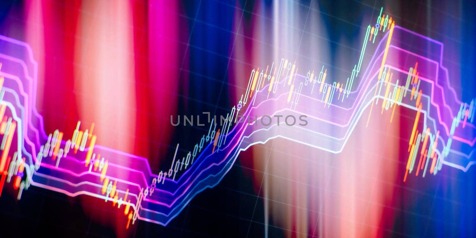 Finance and investment concept. Charts of financial instruments with various type of indicators including volume analysis for professional technical analysis on the monitor of a computer.
