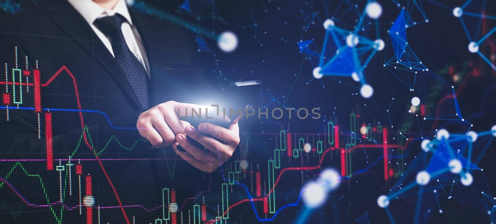 Man using smartphone with graphs analysis candle line and foreign currency rate on bokeh colors light. Manager analyzing investment statistics and indicators on dashboard for trading products.