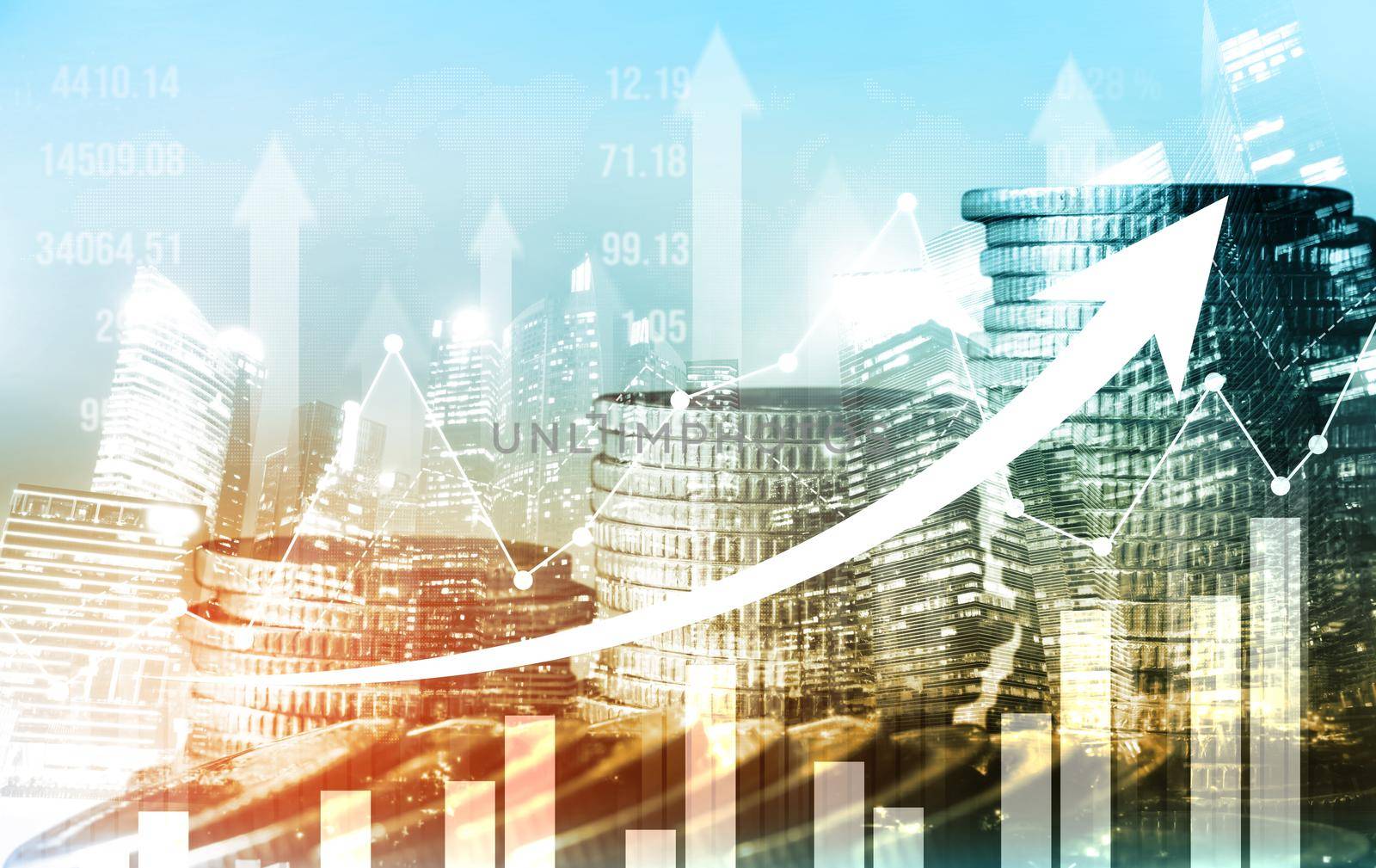 Finance and money technology background concept of business prosperity and asset management . Creative graphic show economy and financial growth by investment in valuable asset to gain wealth profit .