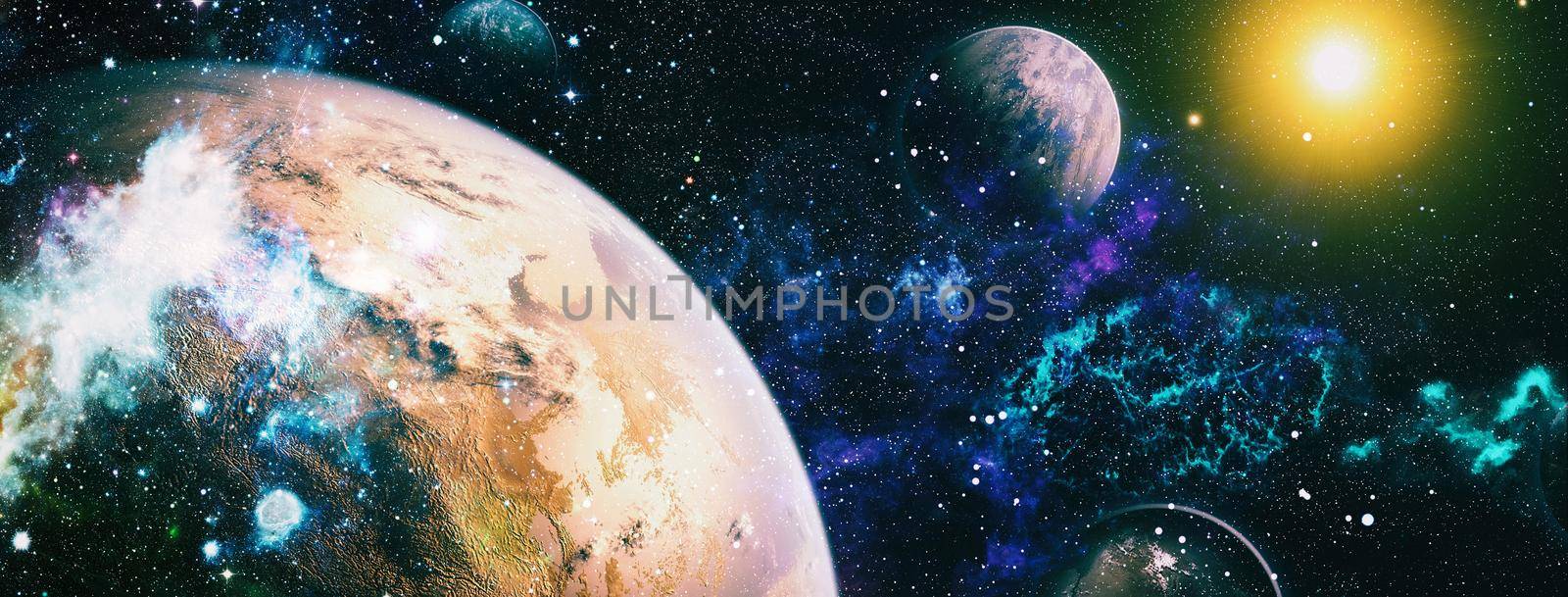 Space scene with planets, stars and galaxies. Spiral galaxy in deep space. Stars of a planet and galaxy in a free space. Elements of this image furnished by NASA.