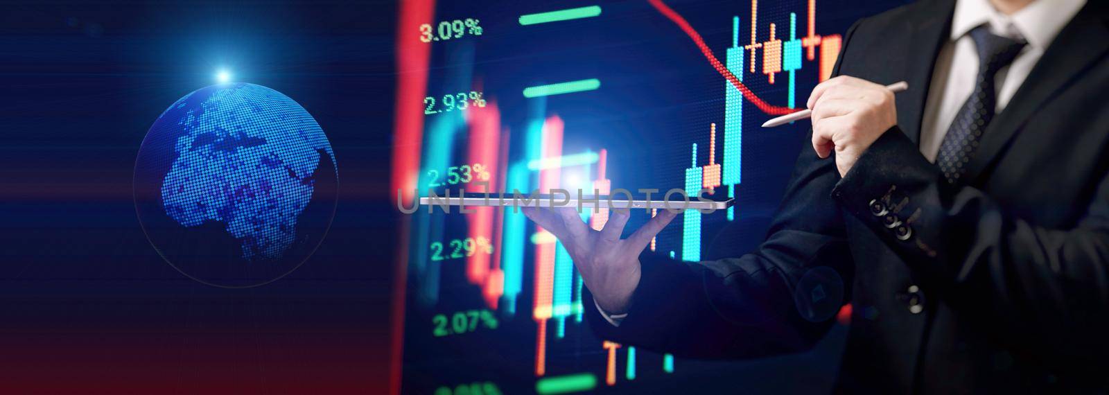 Businessman holding stock tablet ,virtual technical investment graph chart for analysis stock market , Banking financial and planing concept.