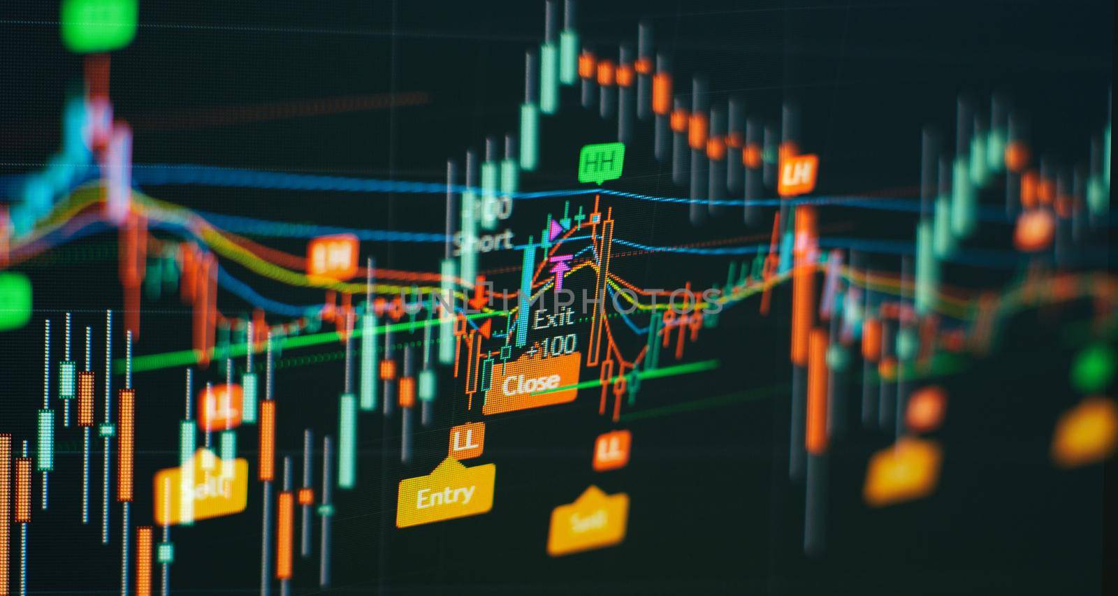 price graph and indicator, red and green candlestick chart on blue theme screen, market volatility, up and down trend. Stock trading, crypto currency background.