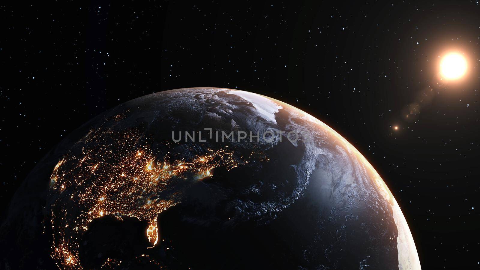 Planet earth with realistic geography surface and orbital 3D cloud atmosphere . Outer space view of world globe sphere of continents . 3D rendering graphic . Elements of this image furnished by NASA .