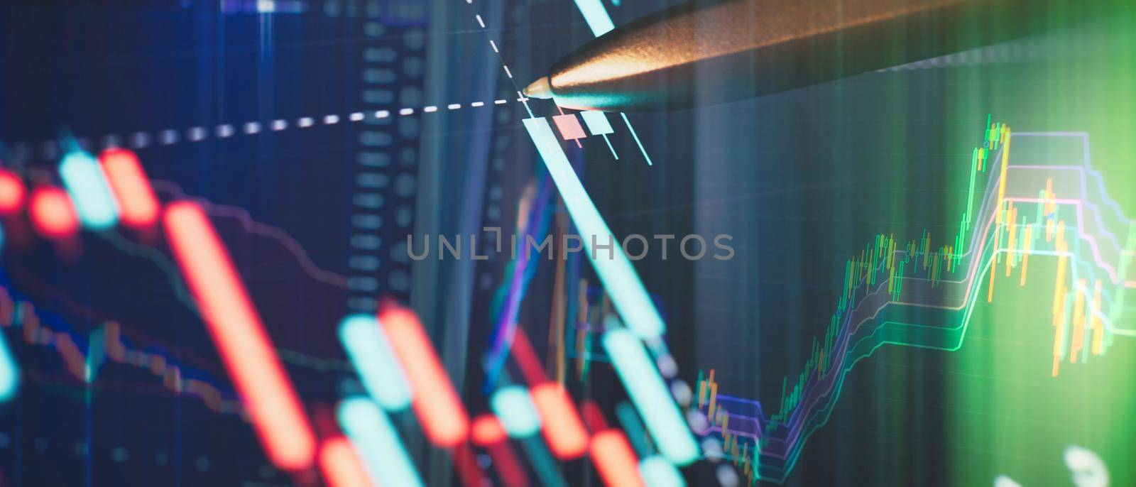 Concept of stock market and fintech. Blurry digital charts over dark blue background.