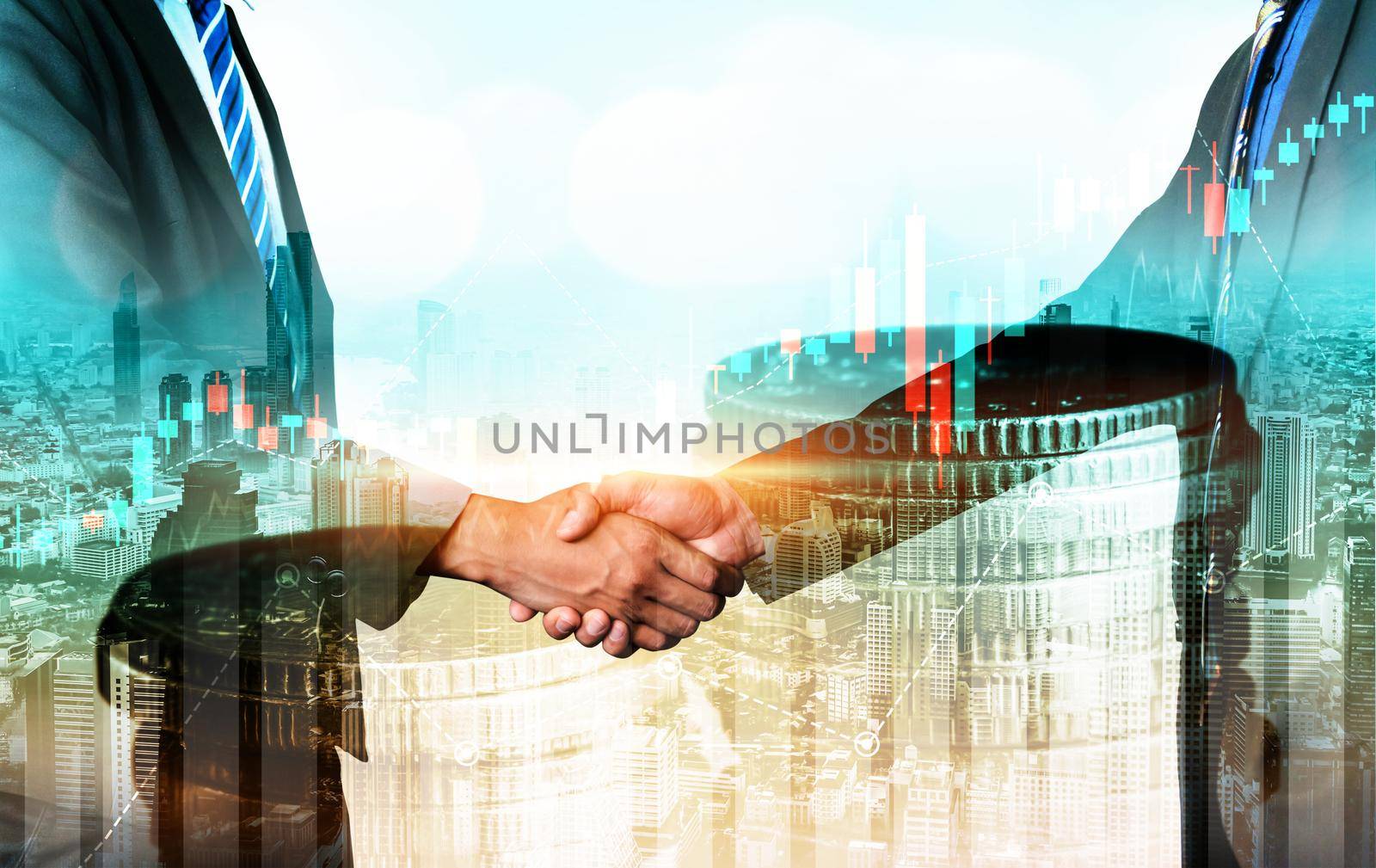 Business handshake on finance prosperity and money technology asset background . Economy and financial growth by investment in valuable stock market to gain wealth profit form currency trading