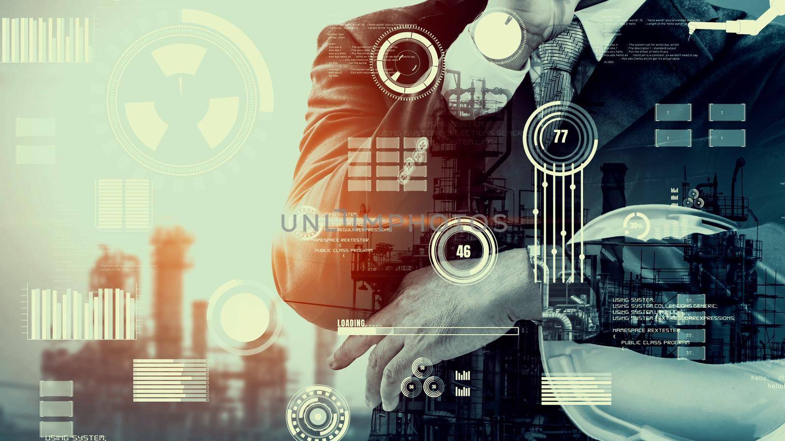 Future factory plant and inventive energy industry concept in creative graphic design. Oil, gas and petrochemical refinery factory with hologram showing next generation of power and energy business.