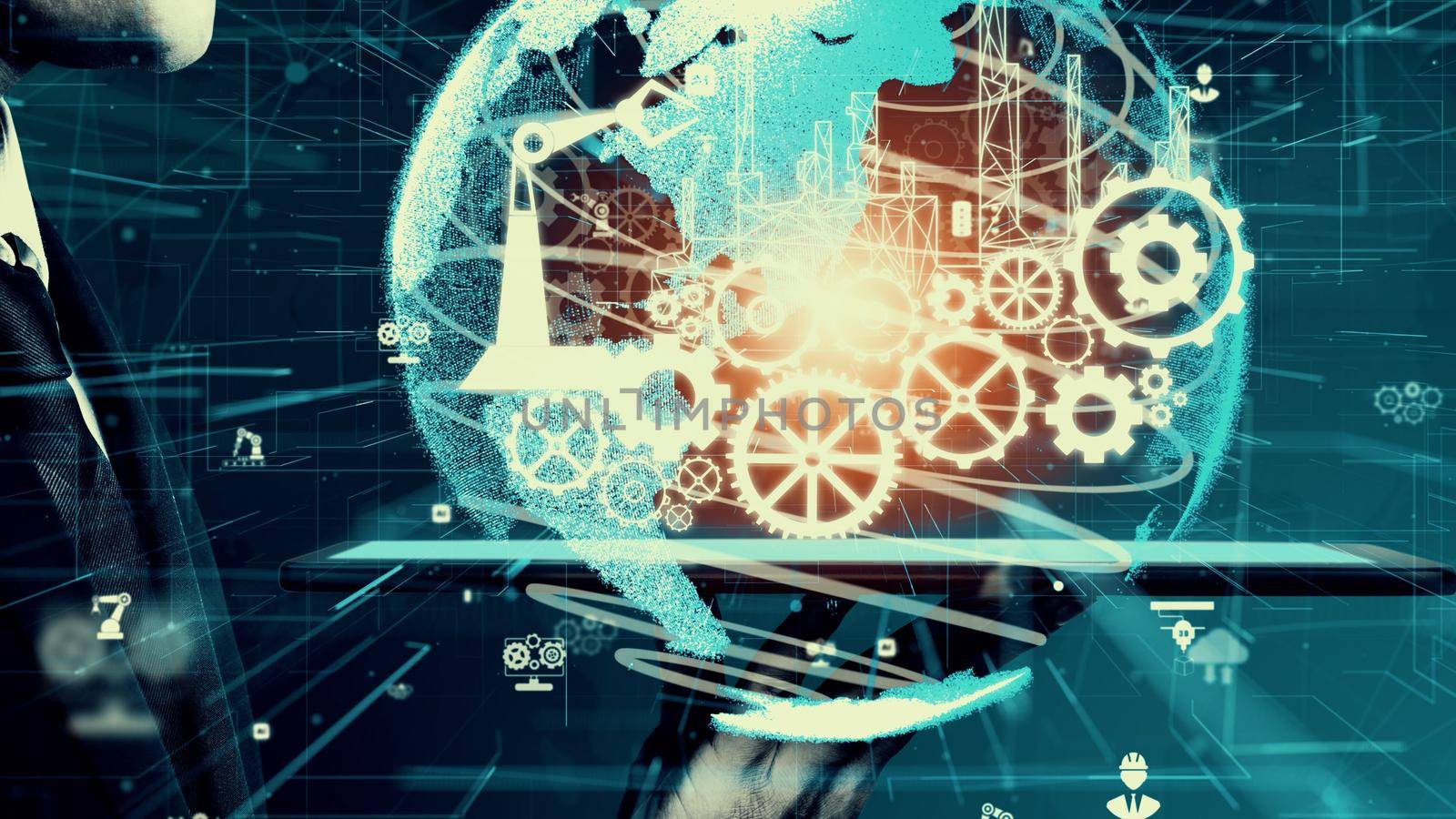 Futuristic industry 4.0 and inventive mechanized engineering concept with graphic user interface showing automation design, robot operation, usage of machine deep learning for future manufacturing.