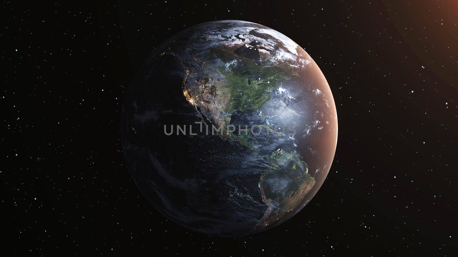 Planet earth with realistic geography surface and orbital 3D cloud atmosphere . Outer space view of world globe sphere of continents . 3D rendering graphic . Elements of this image furnished by NASA .