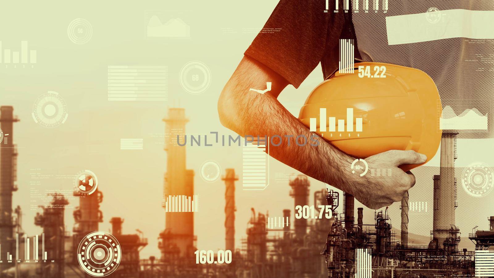 Future factory plant and inventive energy industry concept in creative graphic design. Oil, gas and petrochemical refinery factory with hologram showing next generation of power and energy business.