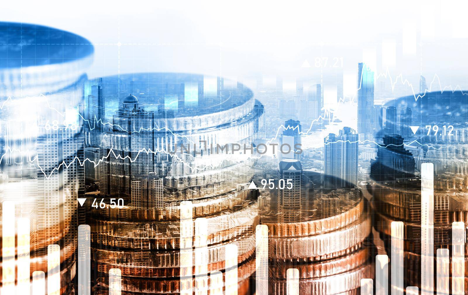Finance and money technology background concept of business prosperity and asset management . Creative graphic show economy and financial growth by investment in valuable asset to gain wealth profit .