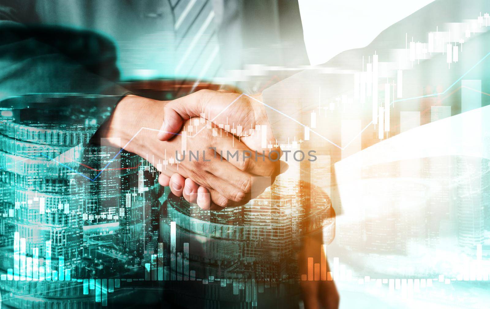 Business handshake on finance prosperity and money technology asset background . Economy and financial growth by investment in valuable stock market to gain wealth profit form currency trading