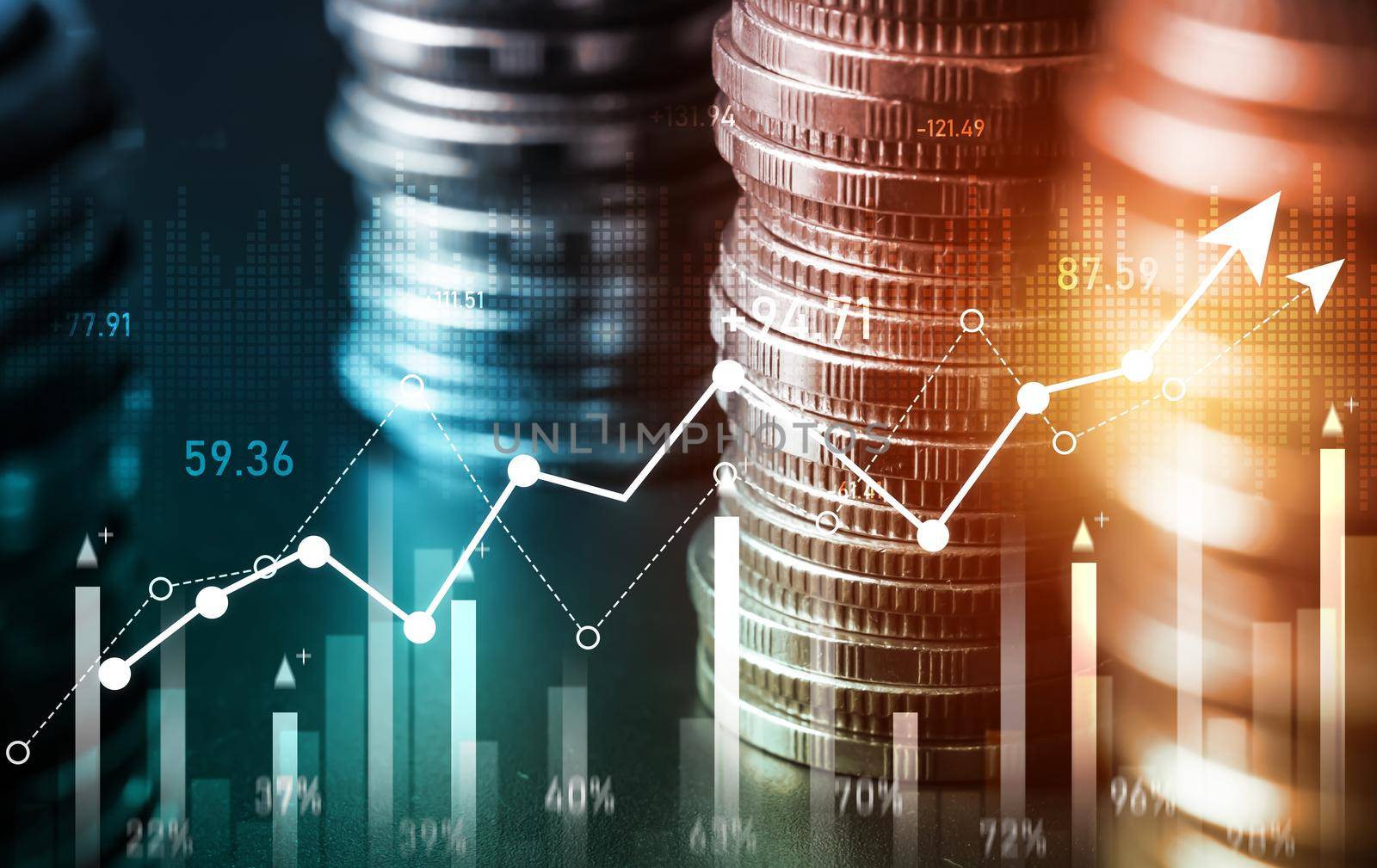 Finance and money technology background concept of business prosperity and asset management . Creative graphic show economy and financial growth by investment in valuable asset to gain wealth profit .