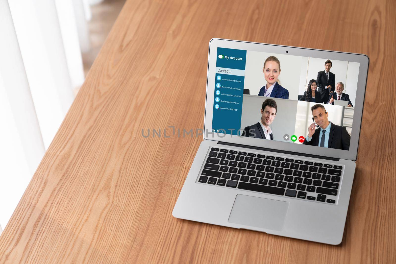 Business people on video conference for modish virtual group meeting by biancoblue