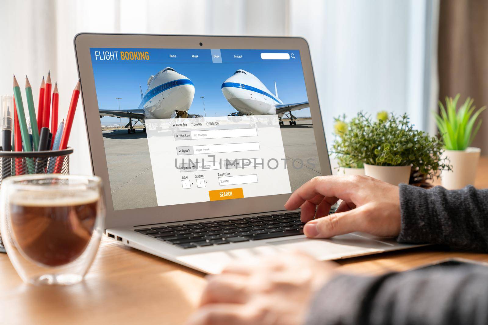 Online flight booking website provide modish reservation system . Travel technology concept .