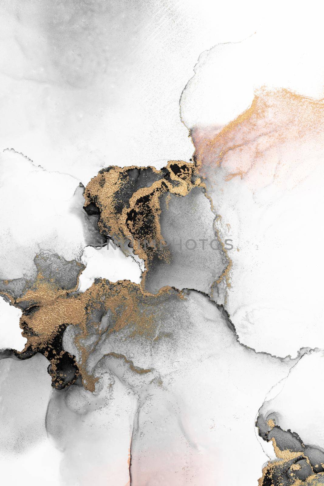 Black gold abstract background of marble liquid ink art painting on paper . Image of original artwork watercolor alcohol ink paint on high quality paper texture .