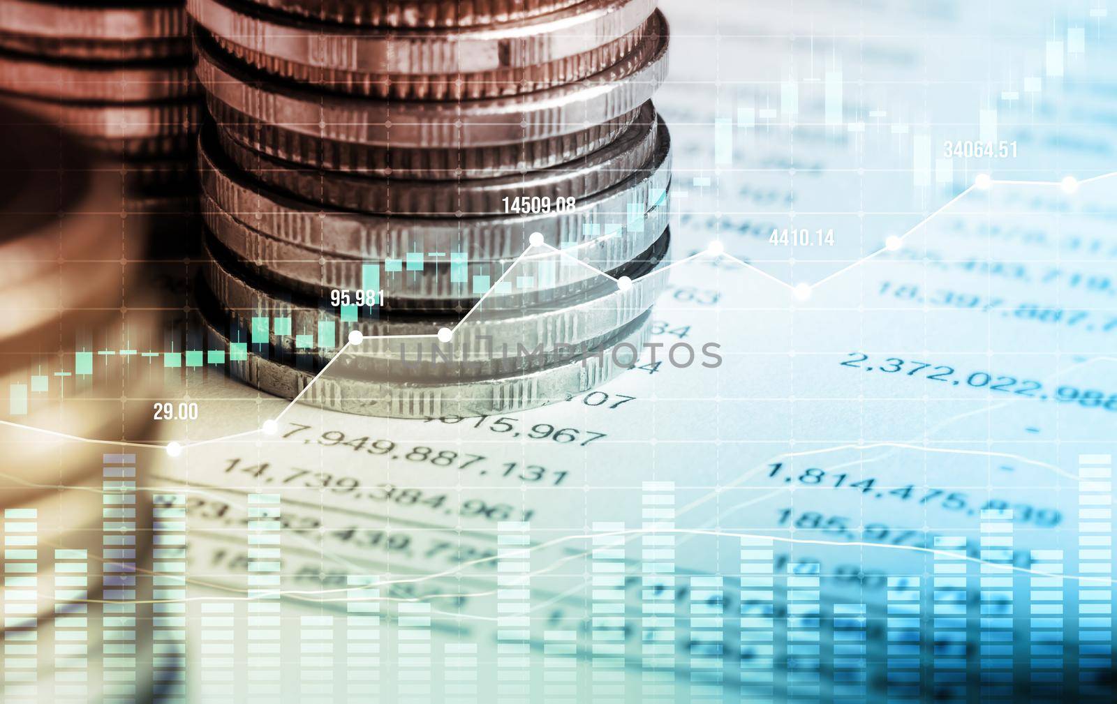 Finance and money technology background concept of business prosperity and asset management . Creative graphic show economy and financial growth by investment in valuable asset to gain wealth profit .