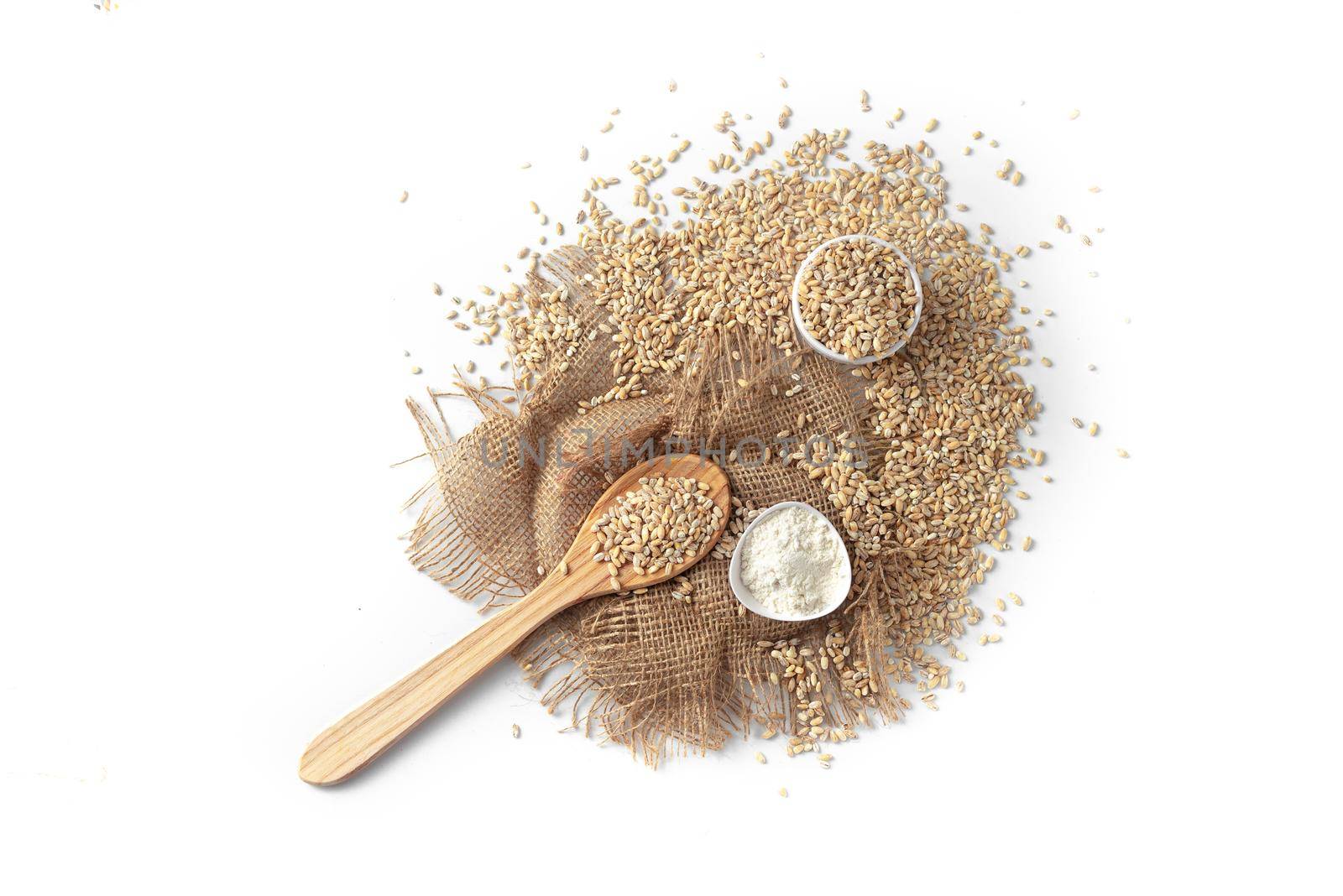 Whole wheat and barley seeds on white background with wooden spoon isolate. Top view.