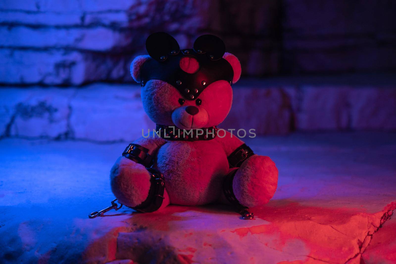 a toy teddy bear dressed in leather belts and a mask, an accessory for BDSM games on a background of rocks texture