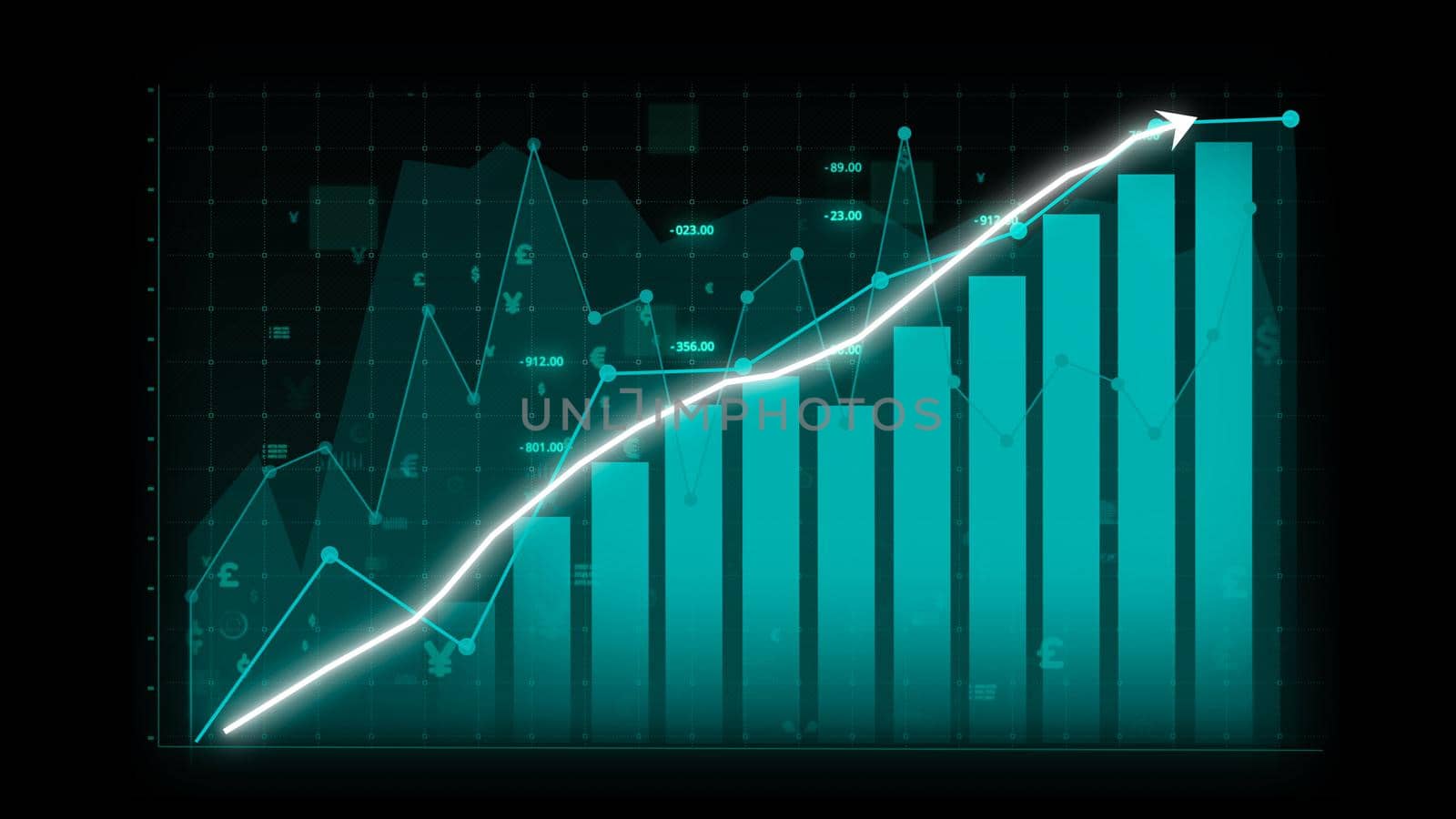 Business growth concept in allusive graph chart showing marketing sales profit increasing to future target . Excellent financial status of corporate business rise up . Finance and money 3D rendering .