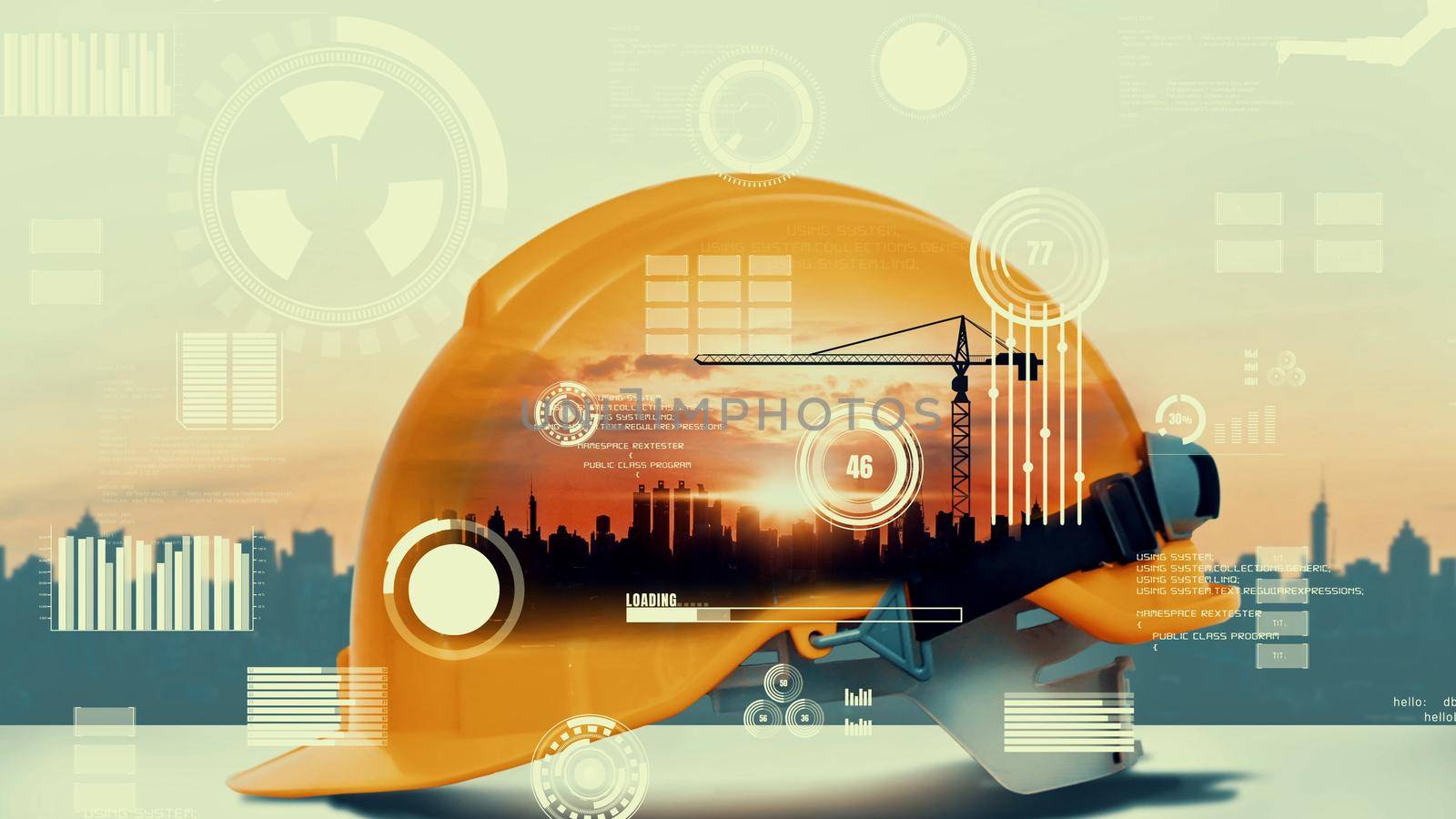 Future building construction and inventive engineering project concept with HUD hologram graphic design. Building engineer, architect people or construction worker works with modern civil technology.