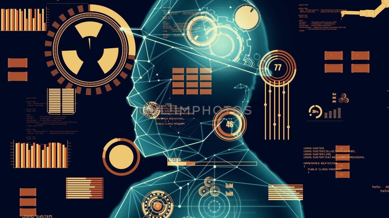 Abstract design of gears in inventive human head outline showing concept of engineering, consciousness, artificial intelligence and technology.