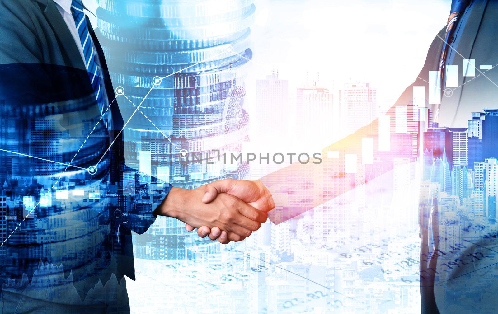 Business handshake on finance prosperity and money technology asset background . Economy and financial growth by investment in valuable stock market to gain wealth profit form currency trading