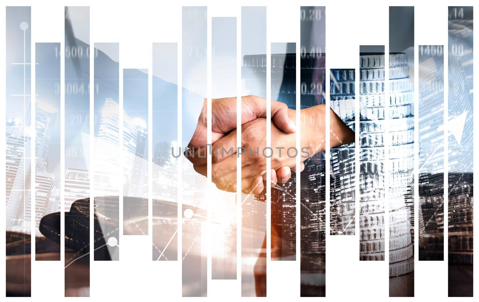 Business handshake on finance prosperity and money technology asset background by biancoblue