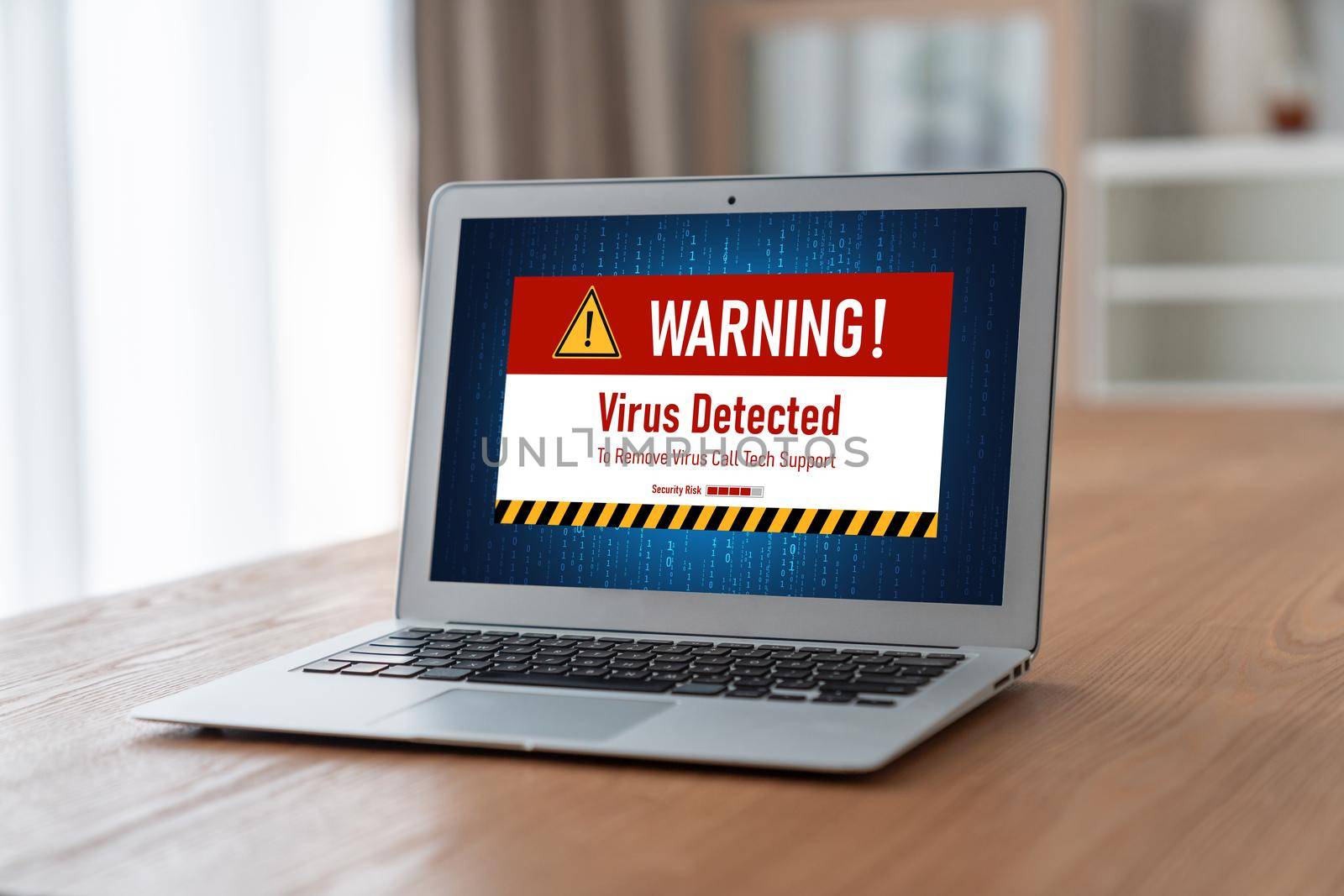 Virus warning alert on computer screen detected modish cyber threat , hacker, computer virus and malware