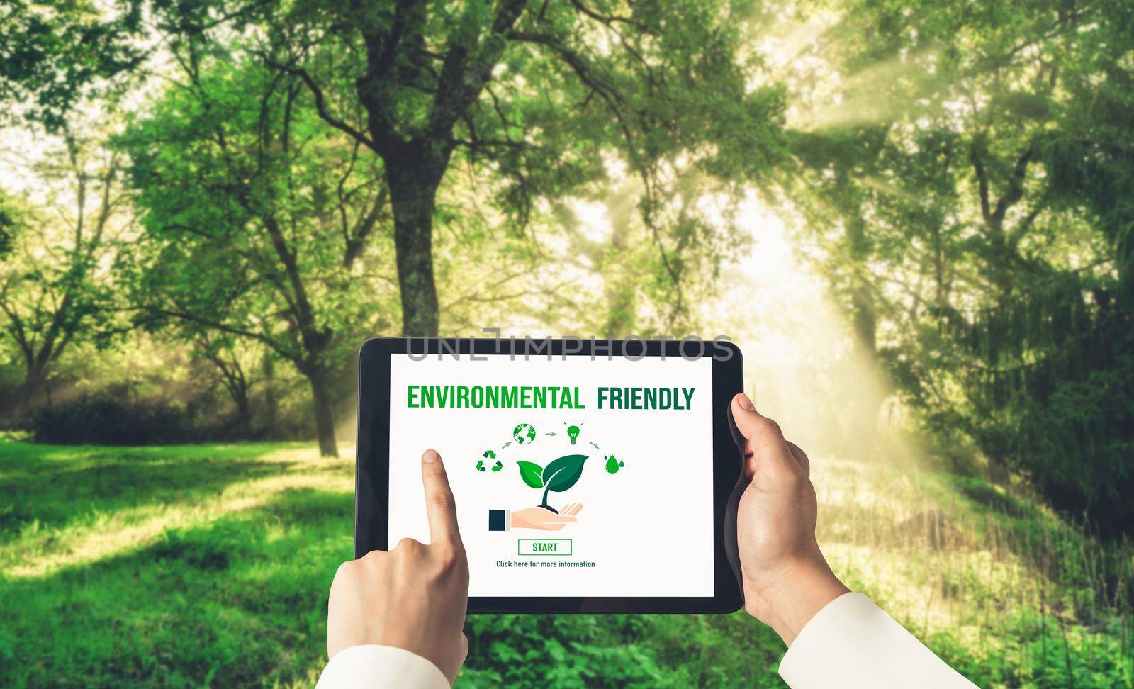 Green business transformation for environment saving and ESG business concept. Businessman using tablet to set corporate goal toward environmental friendly management and alternative clean energy use.