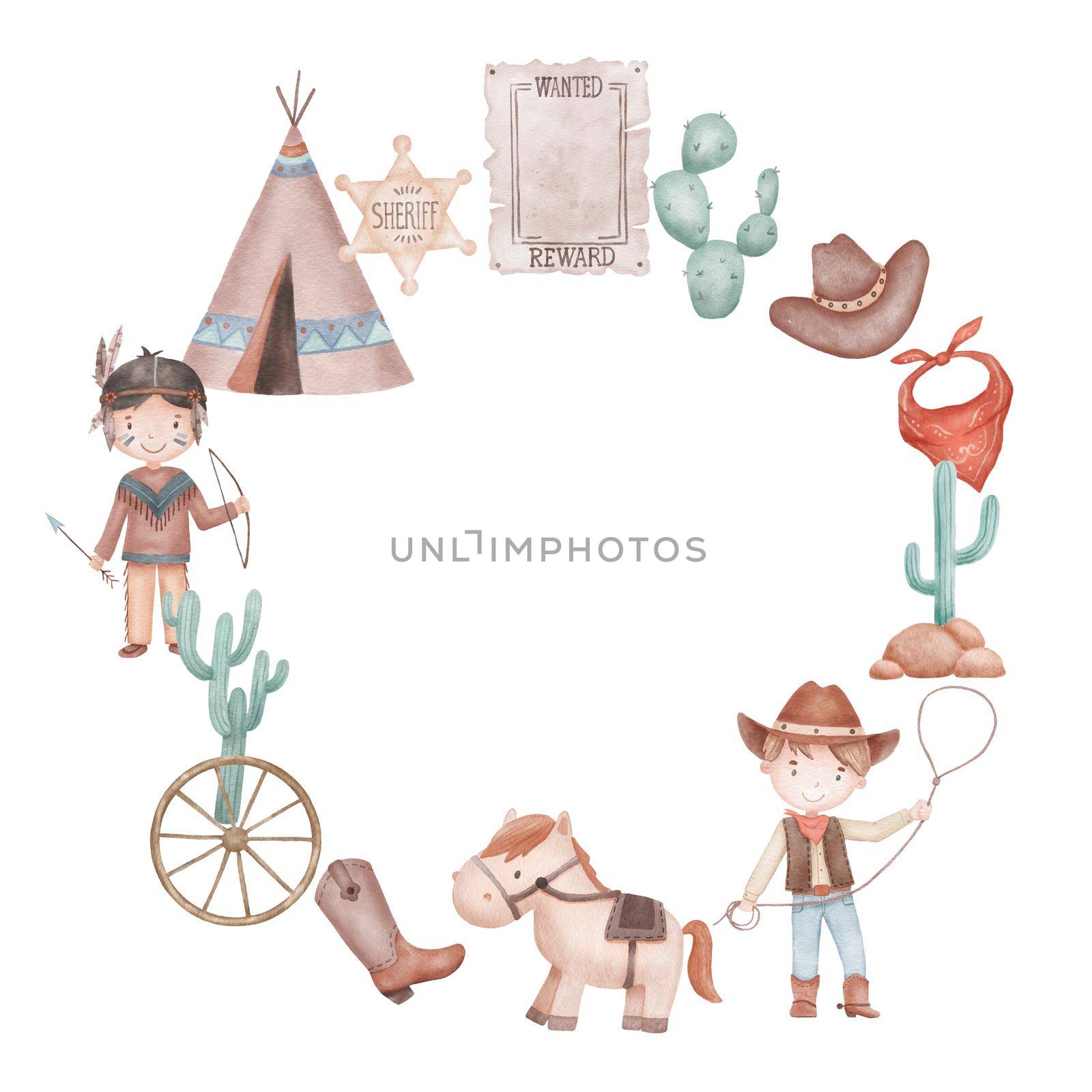 Watercolor hand drawn wreath with indians boy in costume, wigwam, cowboy and cactus. Cute childish round frame isolated on white background