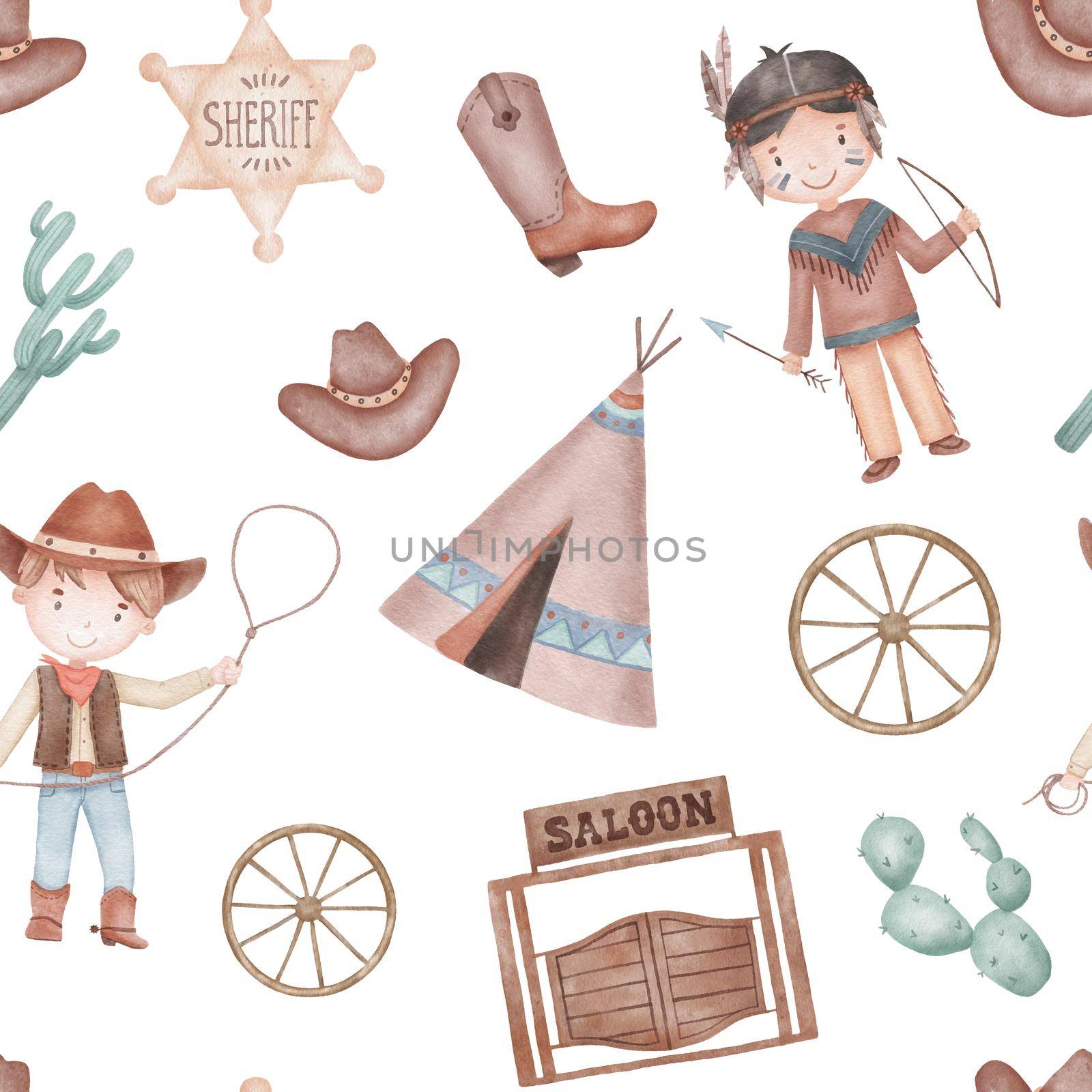 Watercolor hand drawn seamless pattern with indian boy in costume and cowboy with rope lasso. Cute childish illustration on white background. Wild west theme by ElenaPlatova