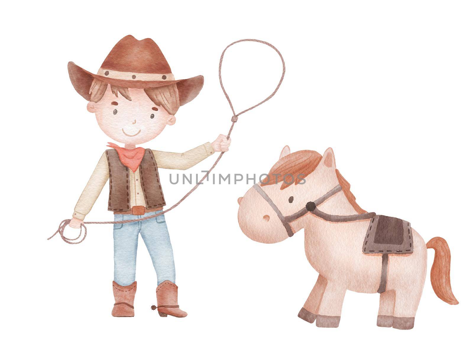 Watercolor hand drawn illustration cowboy with rope lasso and little horse. Cute childish illustration isolated on white background