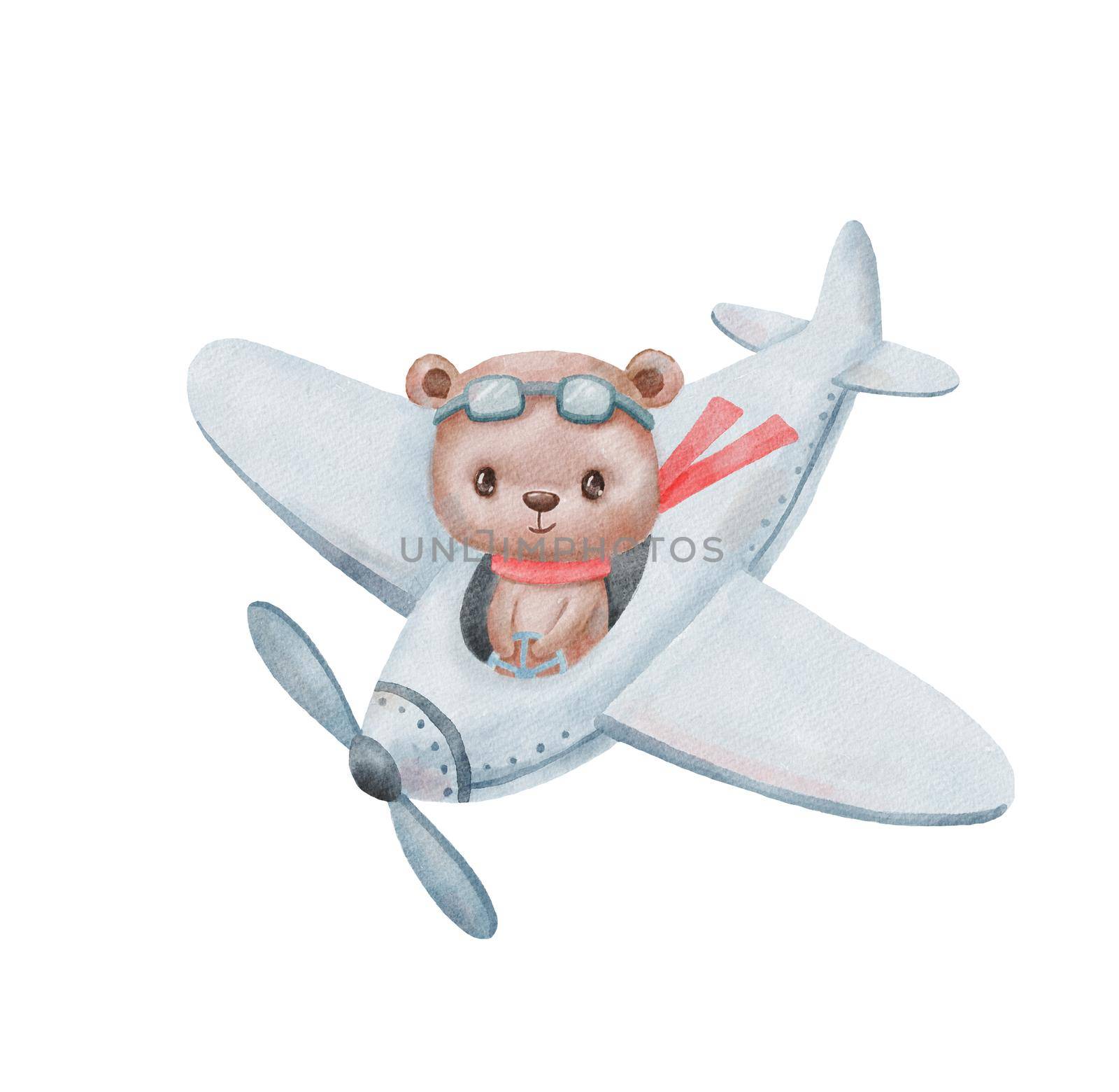 Cute bear on airplane. Watercolor illustration isolated on white background. Baby bear pilot by ElenaPlatova