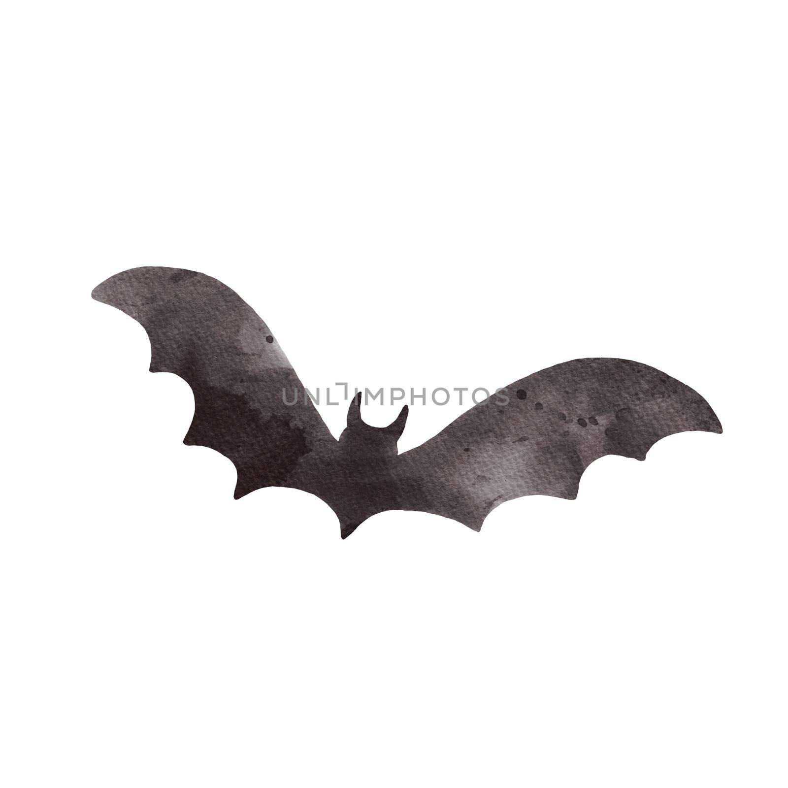 Black bat watercolor for Halloween isolated on white background. Scary illustration by ElenaPlatova