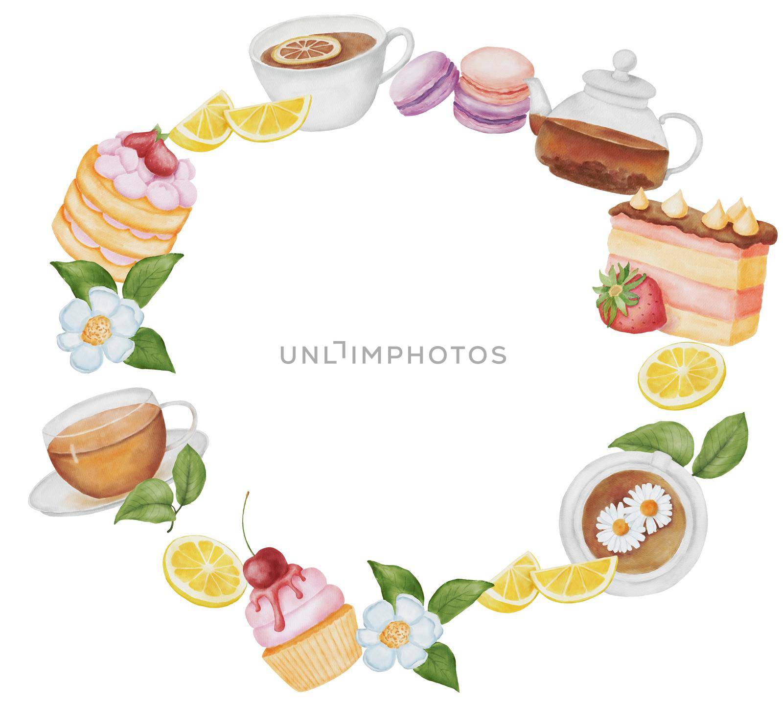Round frame with teapot, cakes and cup of tea. Watercolor hand painted illustration isolated on white backround. by ElenaPlatova