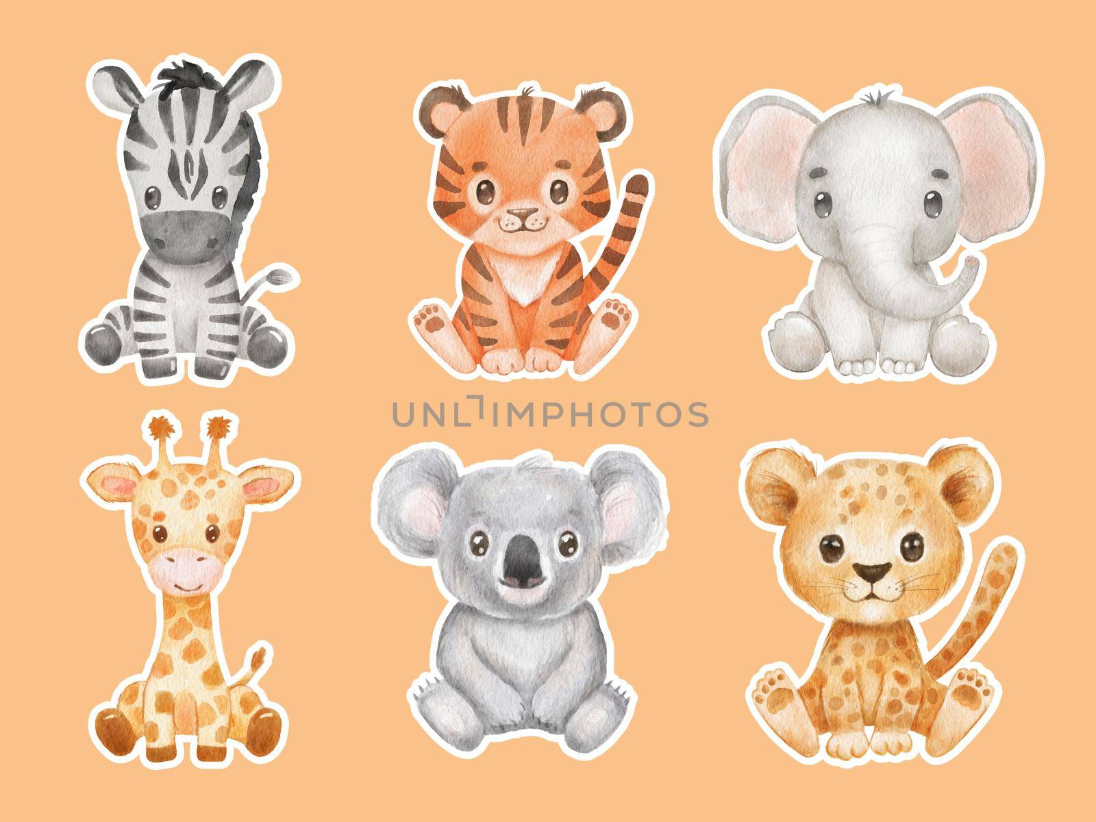 Hand drawn stickers. Cute portraits tiger, koala, elephant in cartoon style. Drawing african baby zebra and giraffe isolated on white background. Set of sitting Jungle animals