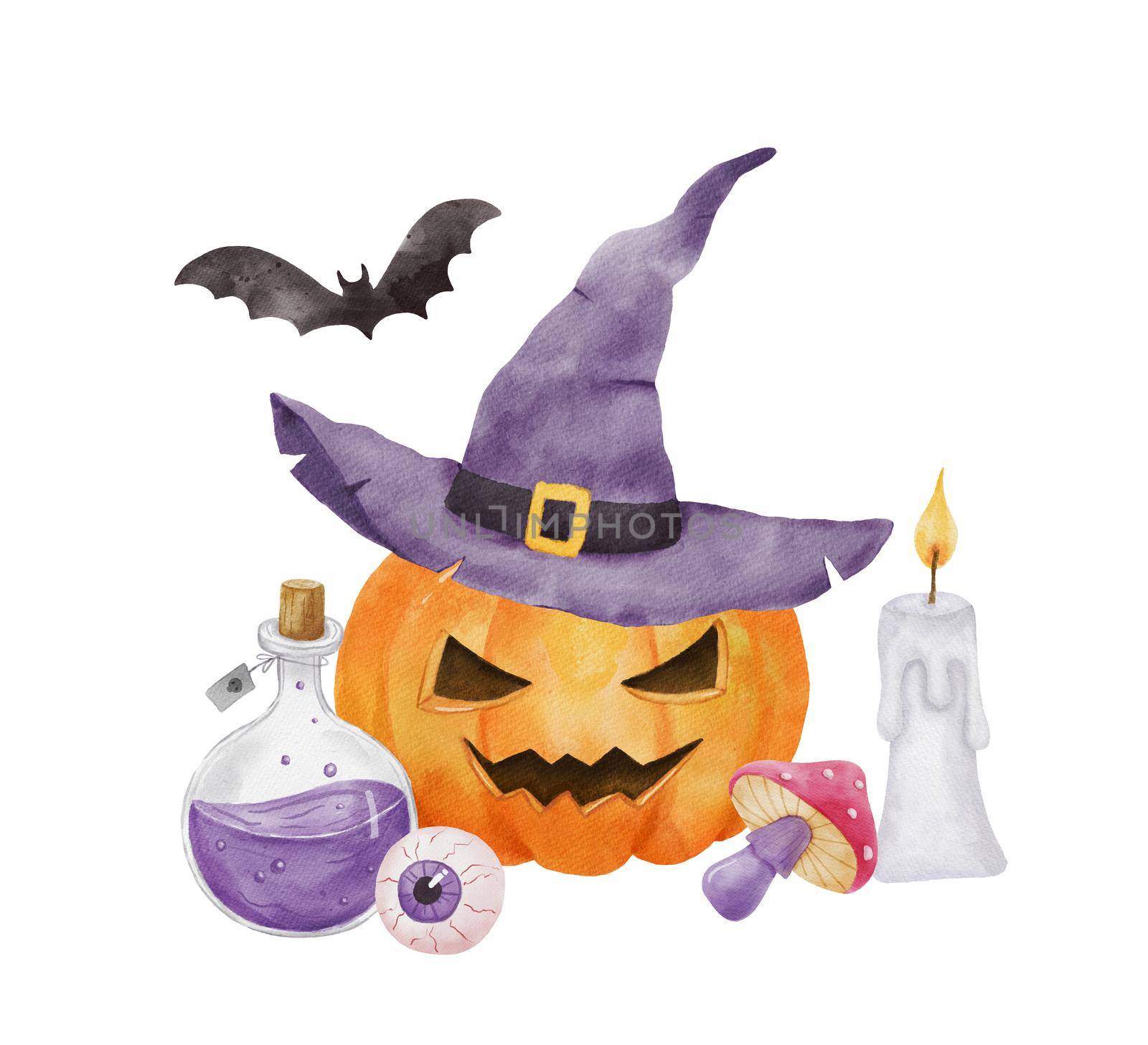 Halloween composition for card. Pumpkin, bat, witch hat and eye. Bright watercolor illustration isolated on white