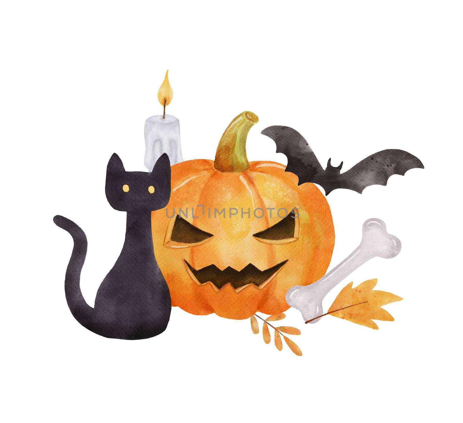Halloween composition for card. Pumpkin, bat and black cat. Bright watercolor illustration isolated on white